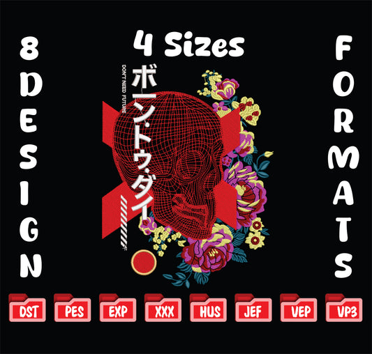 Japanese Cyberpunk Skull with Flowers Machine Embroidery Design – Edgy Streetwear Motif in 4 Sizes and Multiple Formats