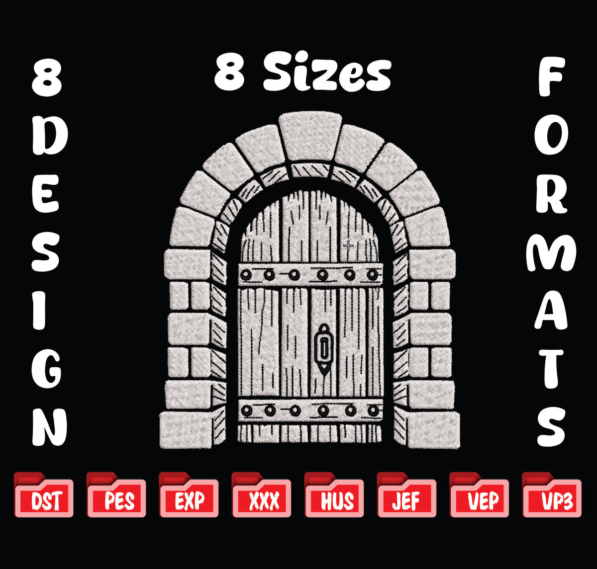 Medieval Stone Door Embroidery Design, Castle Archway Embroidery, Fairytale Gate Pattern