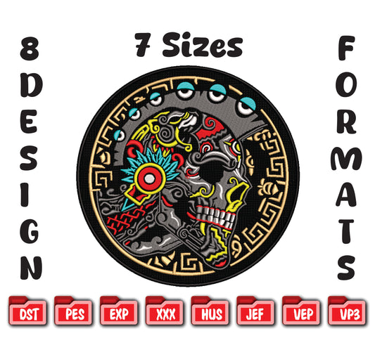 Aztec Skull Embroidery Design, Tribal Sugar Skull Art, 8 Formats 7 Sizes