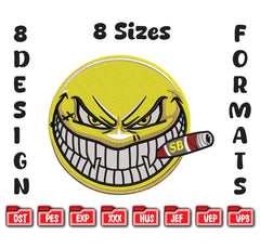 Badass Smiley Face With Cigar Machine Embroidery Design - Angry Smoking Emoji - 8 Sizes & Multiple Formats