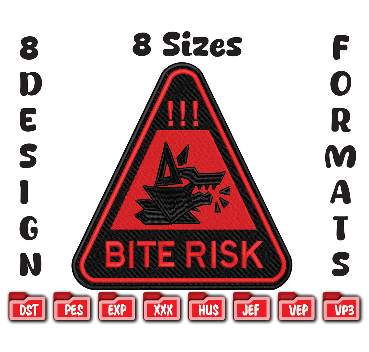 Bite Risk Wolf Warning Machine Embroidery Design – Triangle Patch Motif in 8 Sizes and Multiple Formats