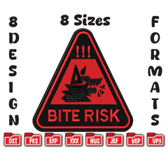 Bite Risk Wolf Warning Machine Embroidery Design – Triangle Patch Motif in 8 Sizes and Multiple Formats