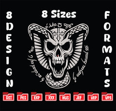 Gothic Cobra Skull Embroidery Design, Dark Occult Snake Digital File