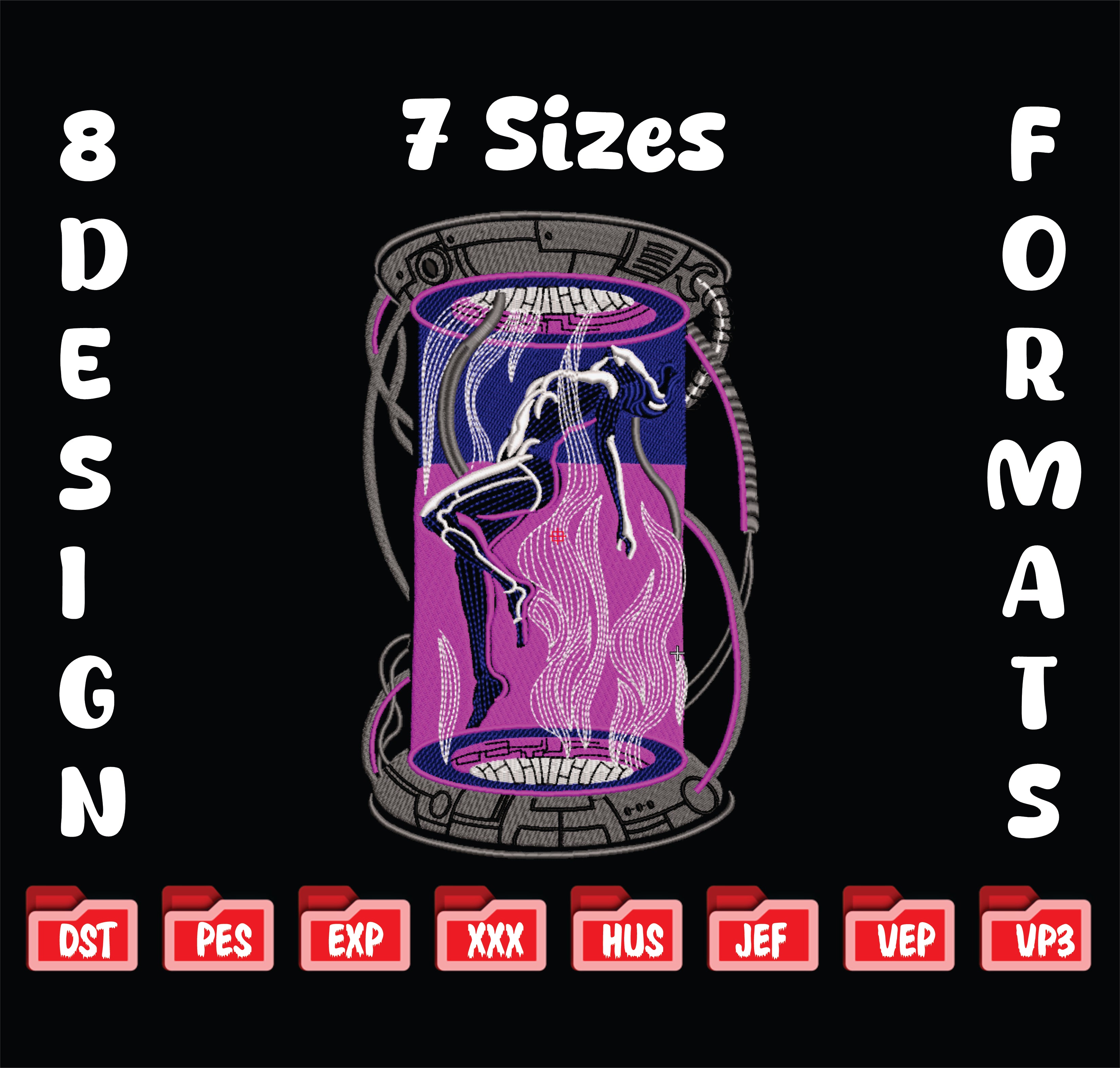 Sci-Fi Cyberpunk Android in Pod Machine Embroidery Design, Futuristic Robot Girl Embroidery File, 7 Sizes, 8 Formats