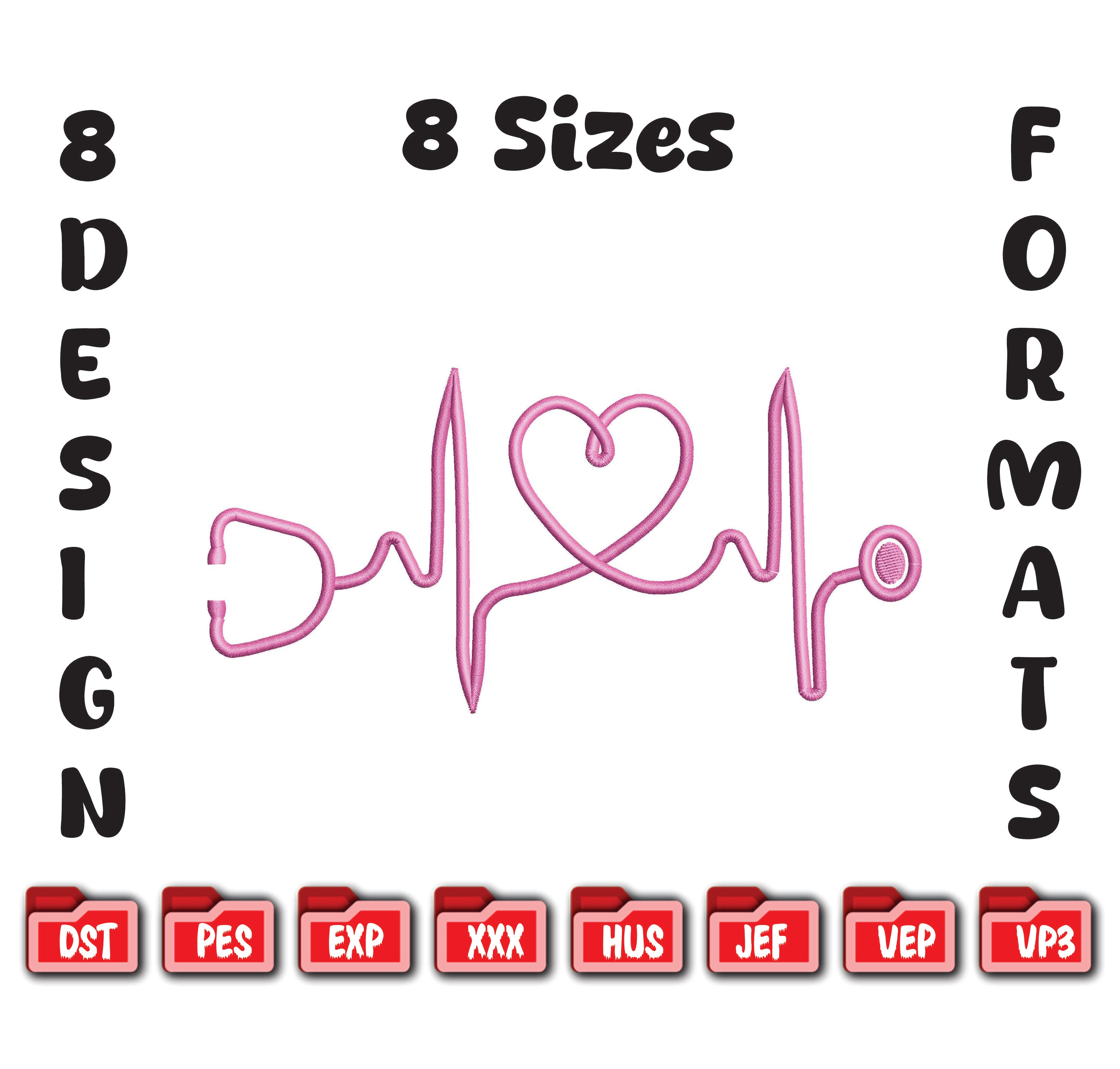 Nurse Heartbeat Stethoscope Embroidery, Medical Line Art Machine Stitch File
