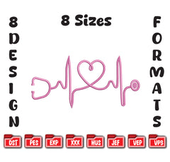 Nurse Heartbeat Stethoscope Embroidery, Medical Line Art Machine Stitch File