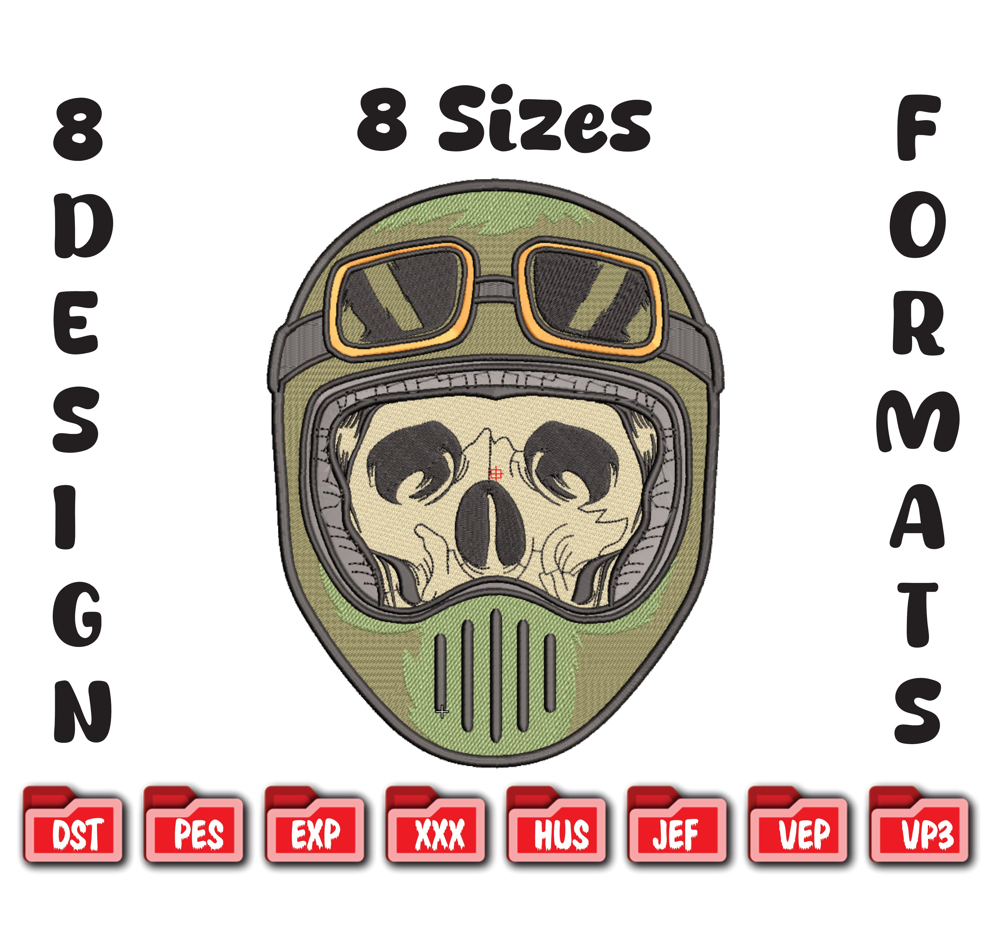 Biker Skull Helmet Embroidery, Tactical Skeleton Rider, 8 Formats 8 Sizes