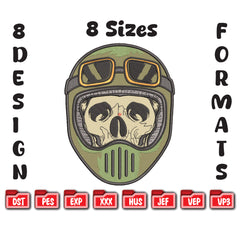 Biker Skull Helmet Embroidery, Tactical Skeleton Rider, 8 Formats 8 Sizes