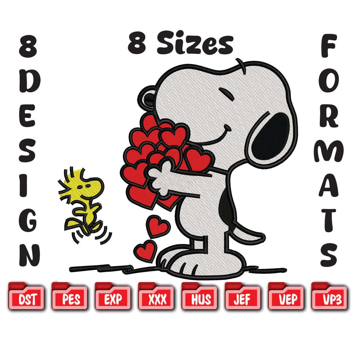 Snoopy Hearts Embroidery Design, Valentine Machine Embroidery File, Dog & Bird Instant Download