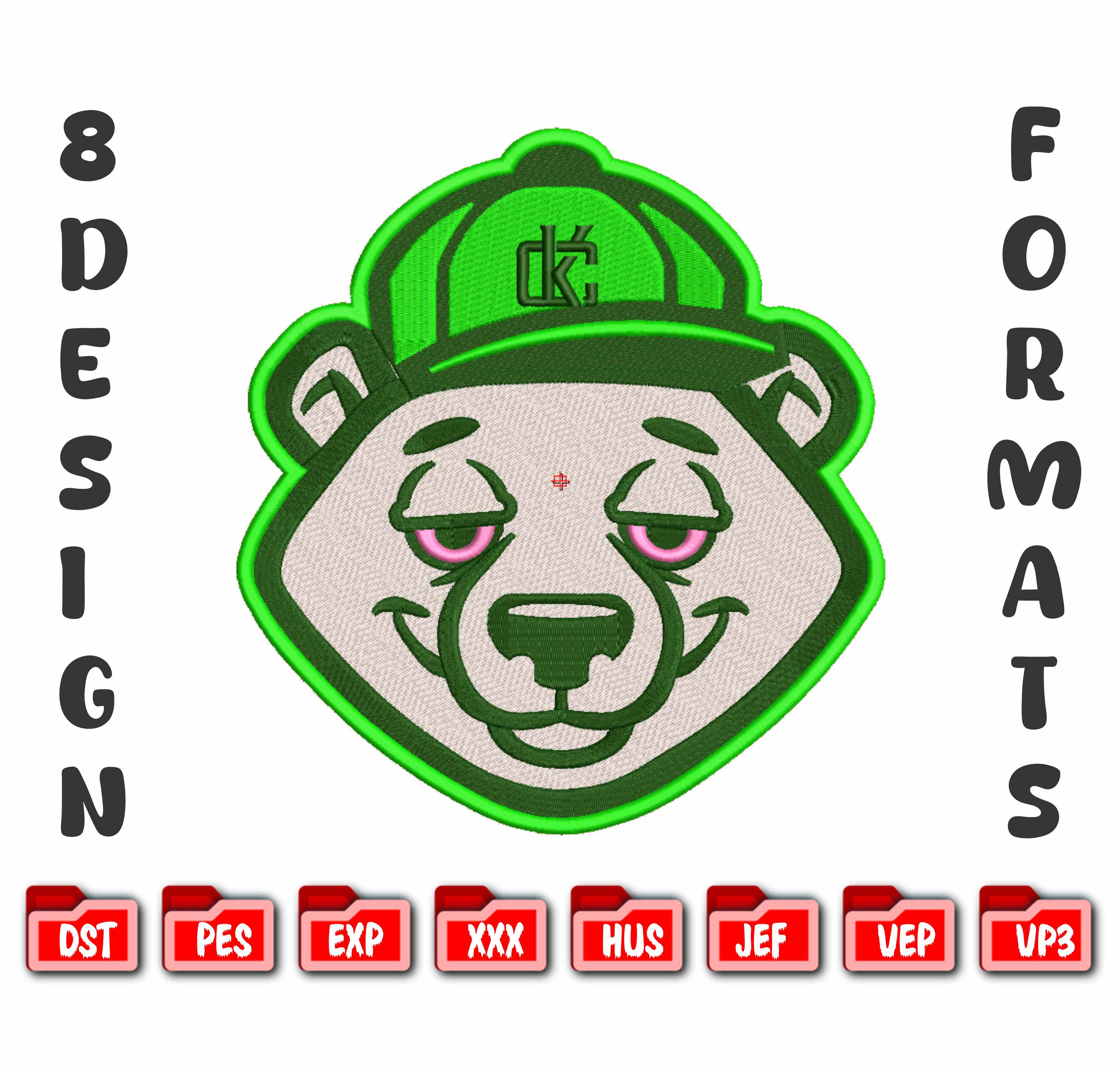 Streetwear Bear Green Hat Embroidery Design, 8 Sizes & 8 Formats