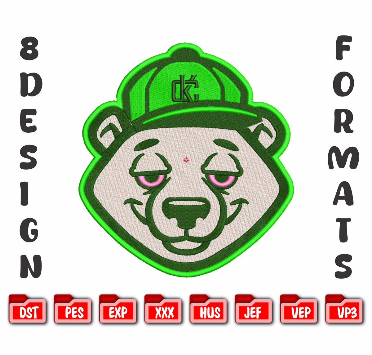 Streetwear Bear Green Hat Embroidery Design, 8 Sizes & 8 Formats