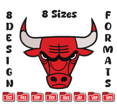 Angry Bull Head Machine Embroidery Design, Red Bull Mascot Logo, Sports Team Emblem Embroidery File, 8 Sizes