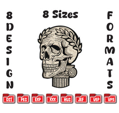 Skull and Ionic Pillar Embroidery Design – Dark Academia File (8 Sizes and Formats)