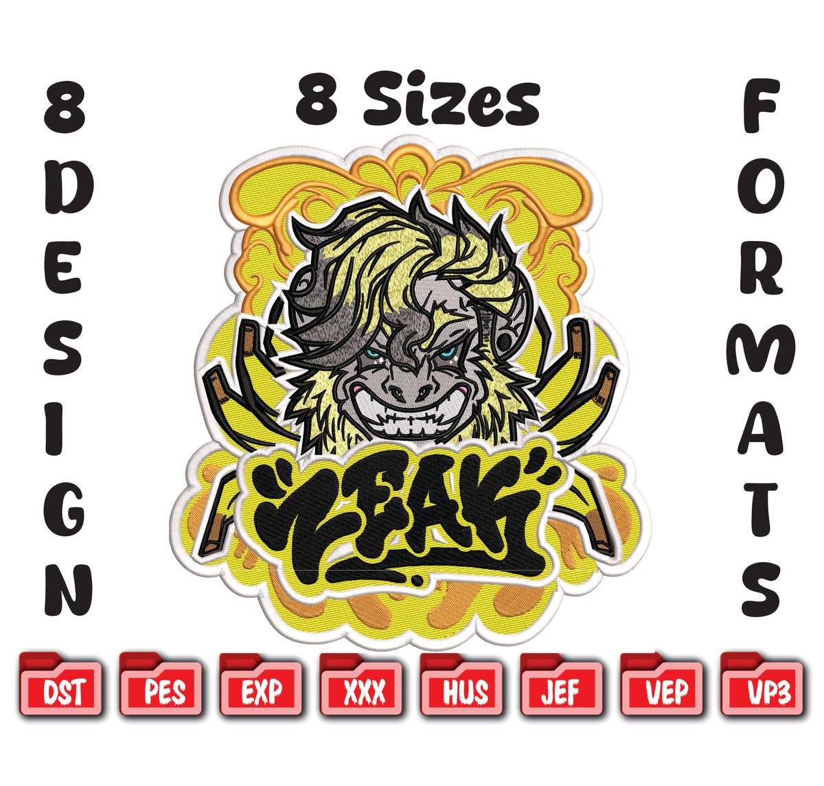 ZEAK Monkey Embroidery Design, Graffiti Gorilla Art File, 8 Sizes