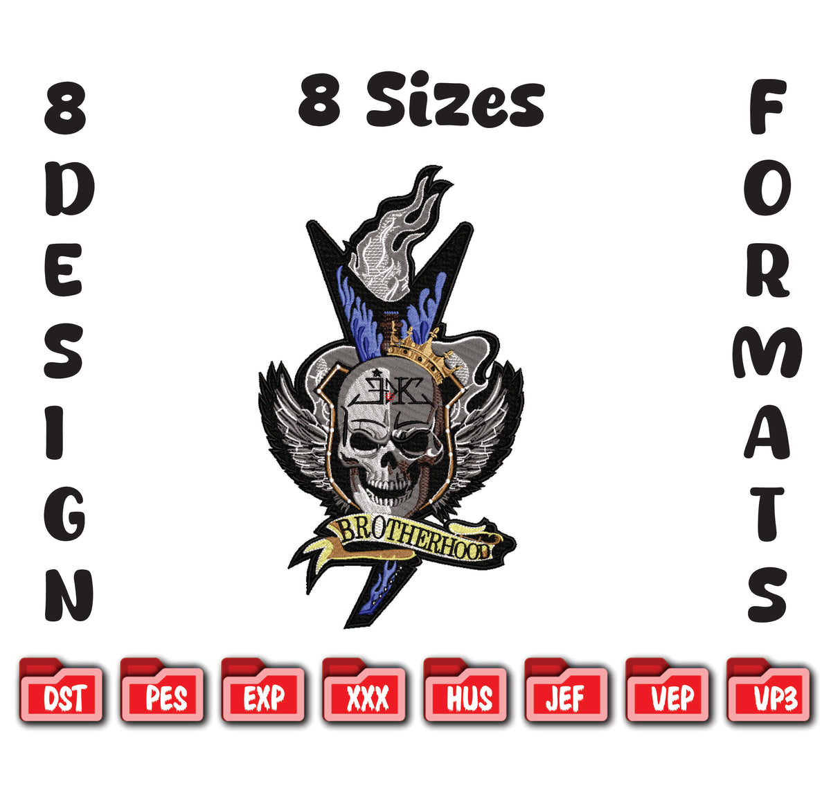 Skull Brotherhood Embroidery Design, Crowned Winged Skull Digital File