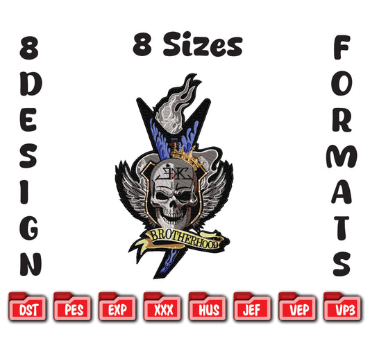 Skull Brotherhood Embroidery Design, Crowned Winged Skull Digital File