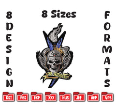 Skull Brotherhood Embroidery Design, Crowned Winged Skull Digital File