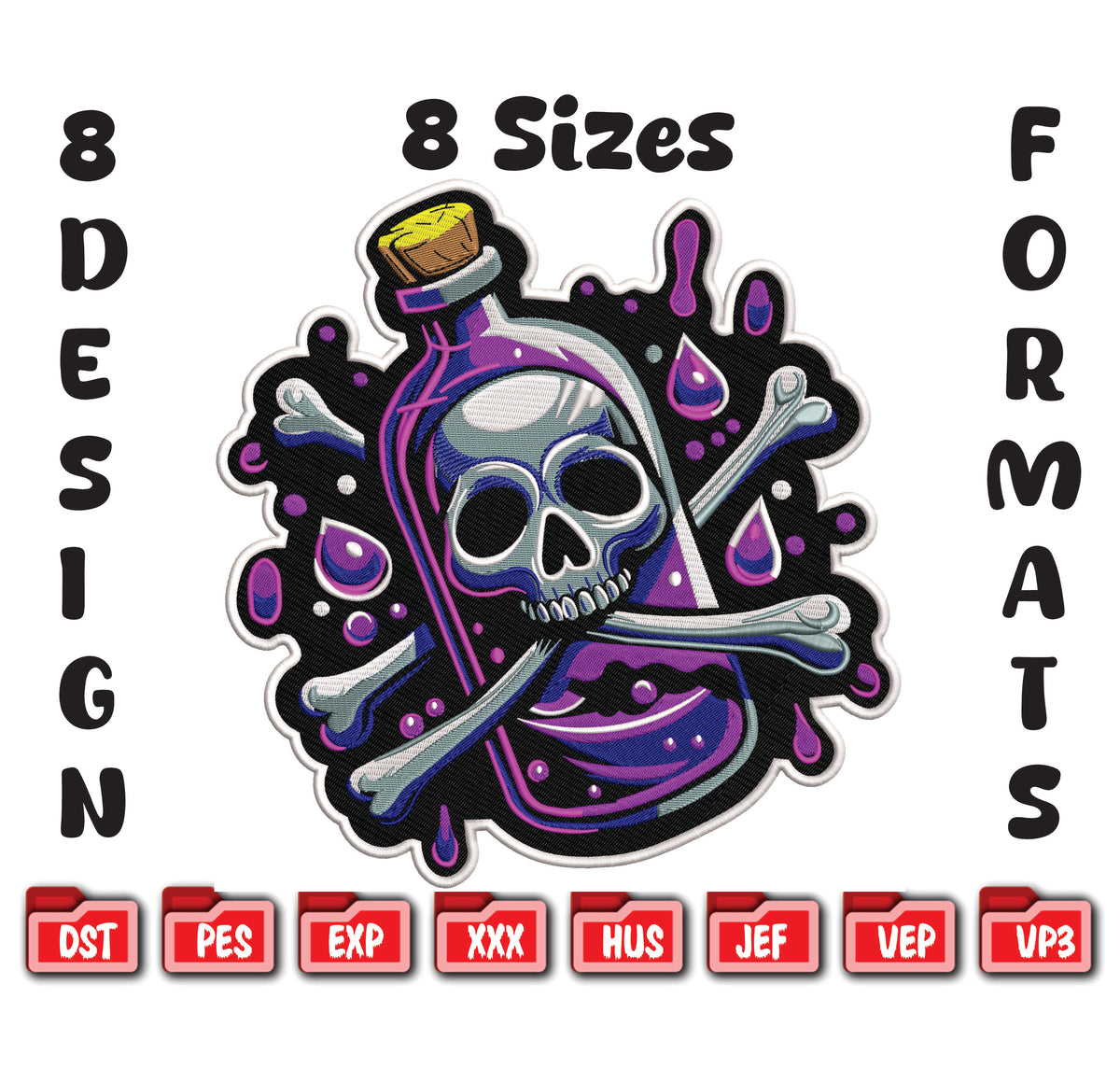 Skull Poison Potion Embroidery, Gothic Magic Bottle Machine Embroidery Design