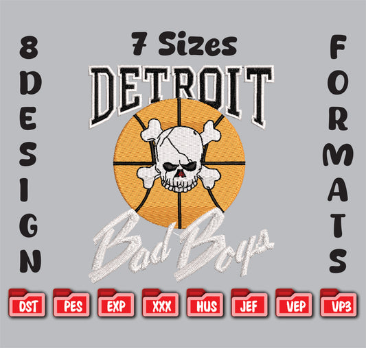 Detroit Bad Boys Basketball Embroidery Design, Skull Mascot Digital File