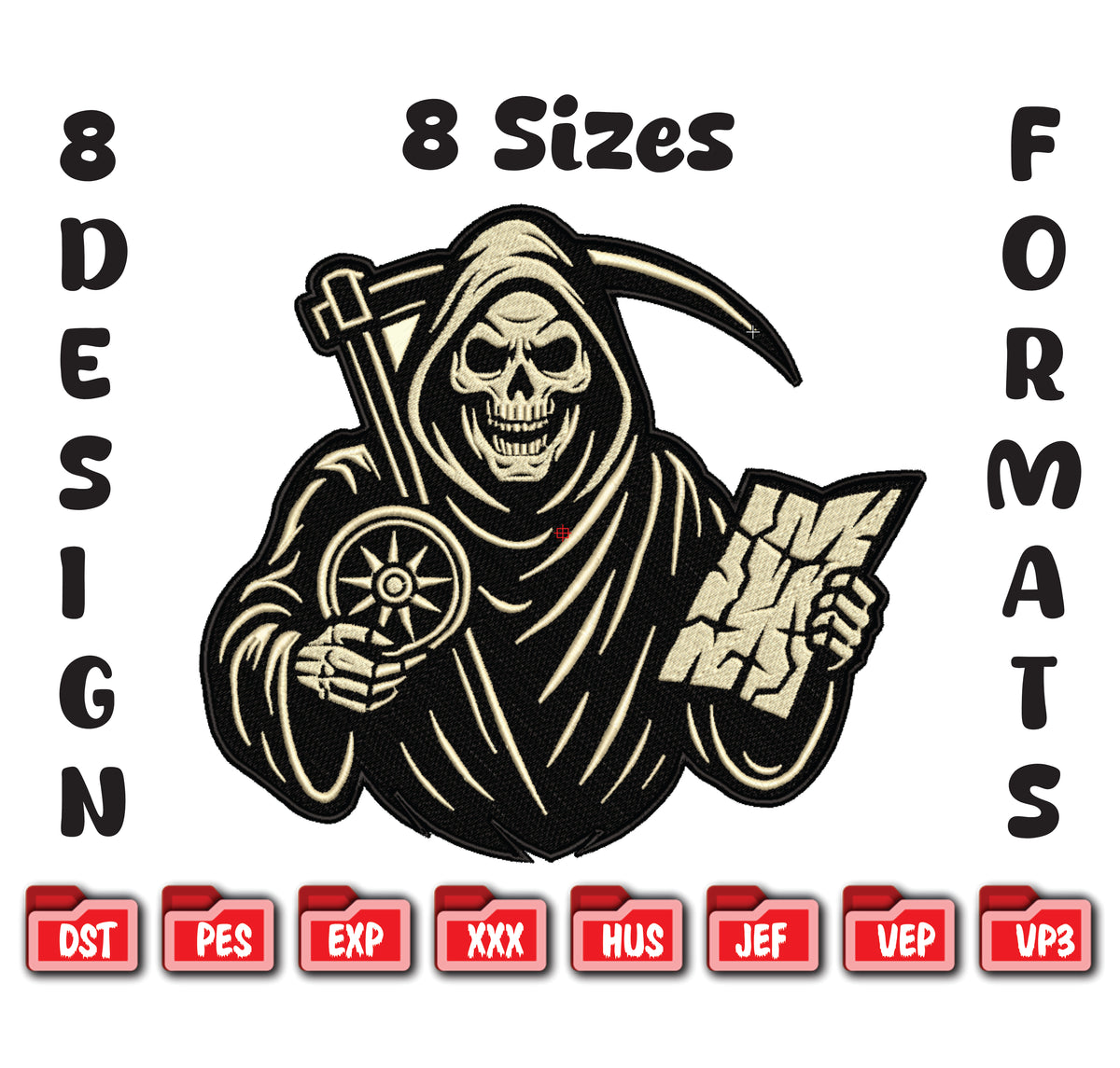 Grim Reaper Navigator Embroidery Design, Skeleton Reaper Machine File