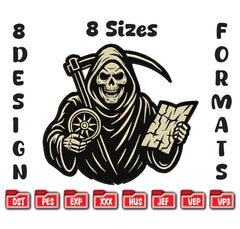 Grim Reaper Navigator Embroidery Design, Skeleton Reaper Machine File