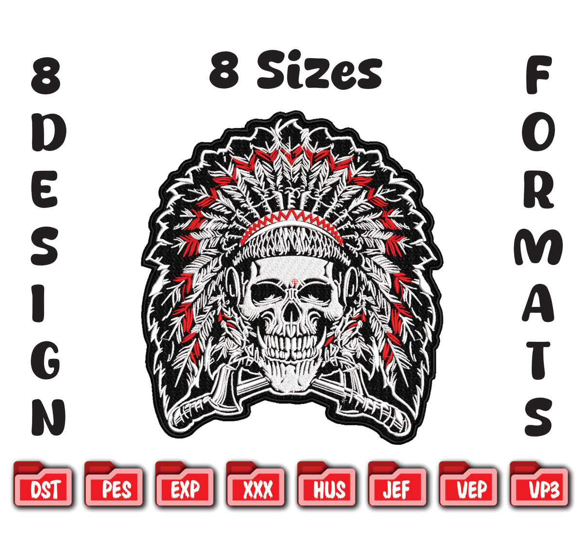 Native Skull Headdress Embroidery Design, Biker Skull Digital File