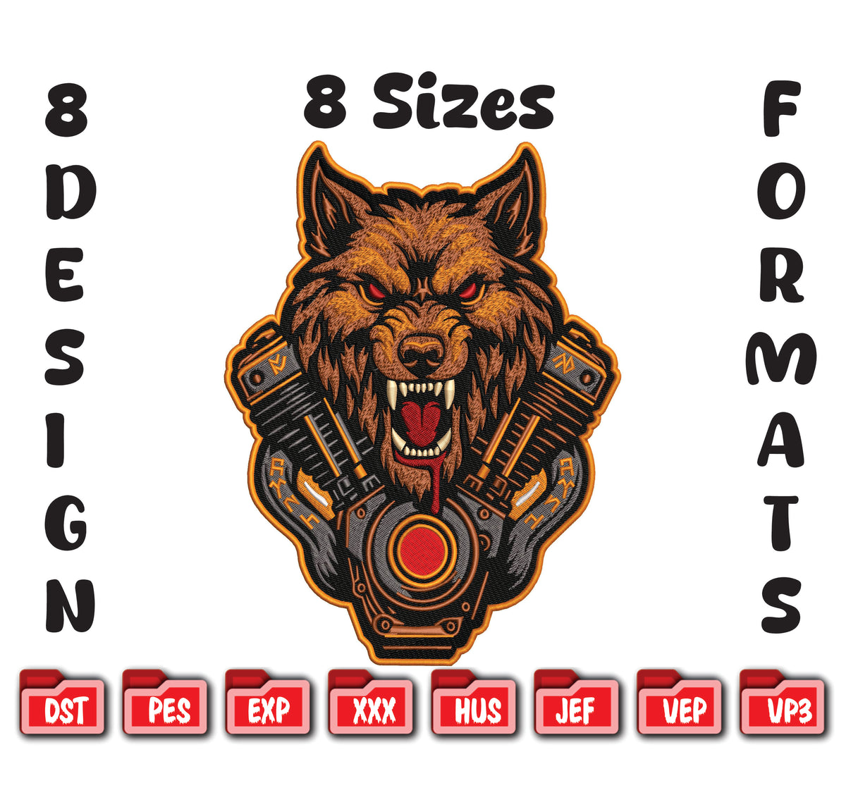 Howling Wolf Engine Embroidery Design – Biker Vest File (8 Sizes, 8 Formats) (Digital Download)
