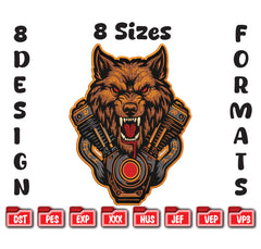 Howling Wolf Engine Embroidery Design – Biker Vest File (8 Sizes, 8 Formats) (Digital Download)
