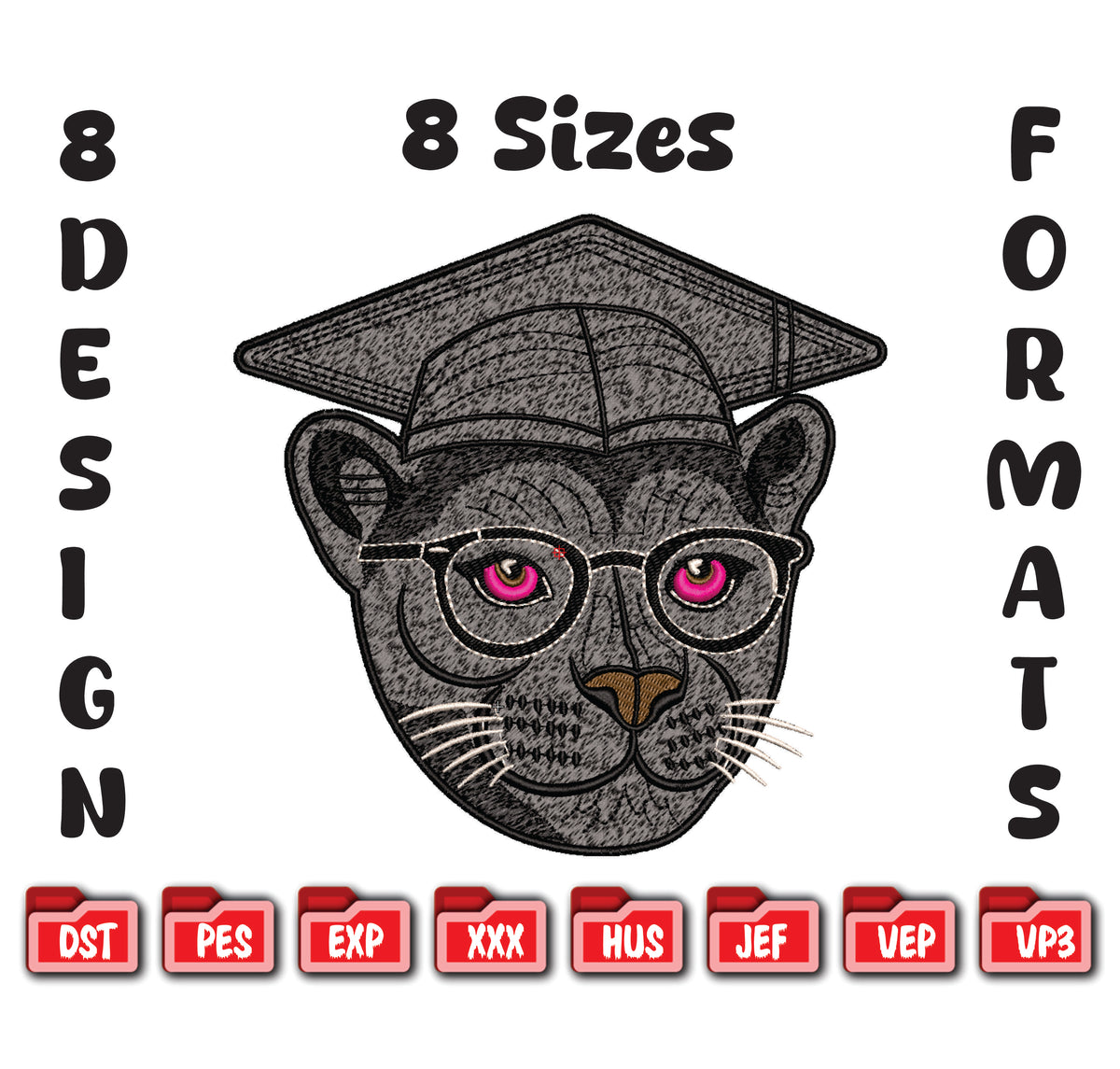 Graduation Panther Embroidery Design, Class of 2026 Mascot File