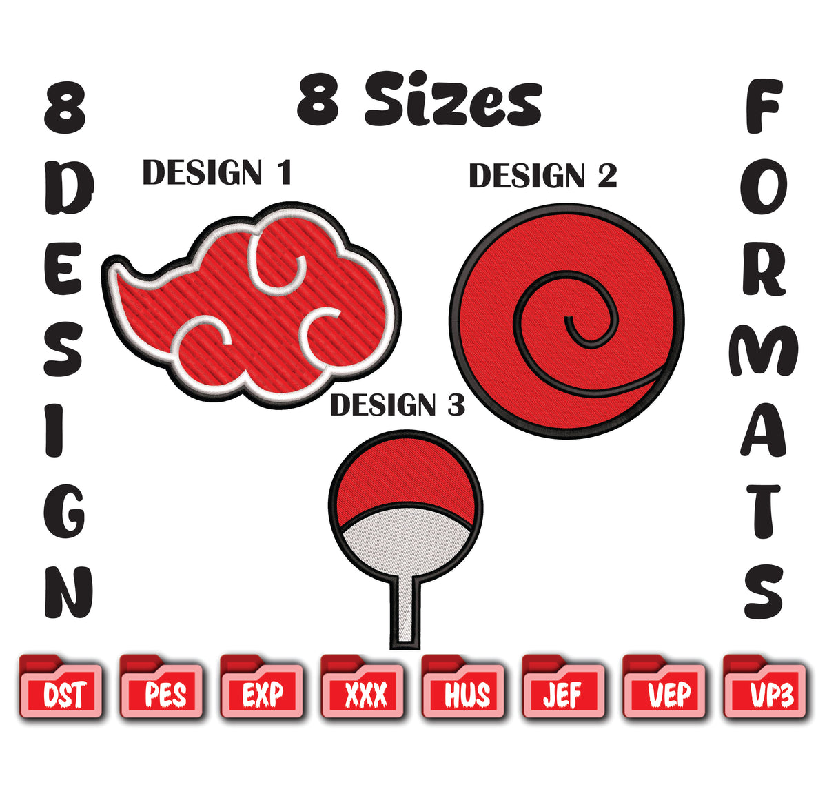 Anime Symbol Embroidery Bundle, Ninja Cloud and Fan Machine Embroidery File