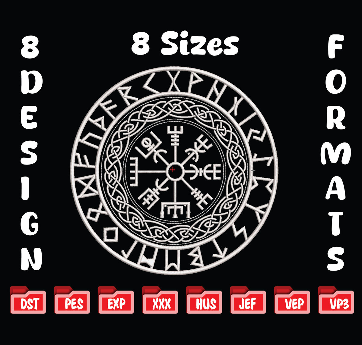 Viking Compass Vegvisir Embroidery, Norse Rune Machine Design