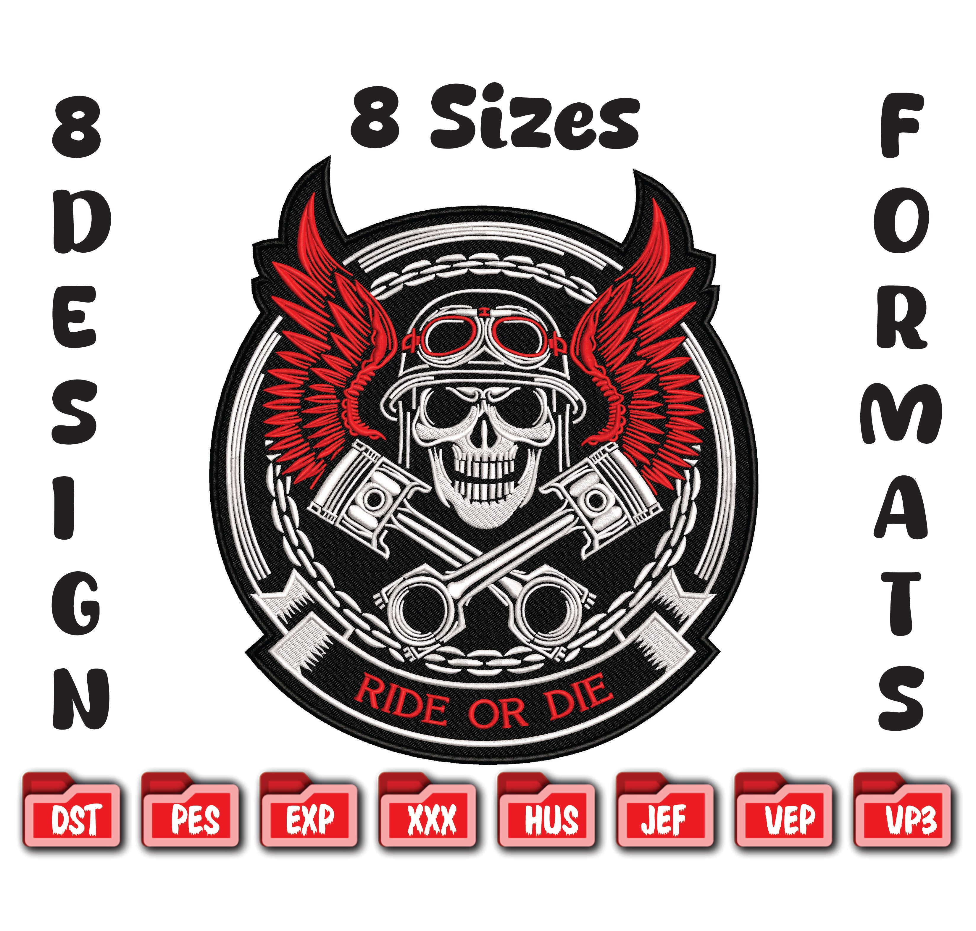 Ride or Die Biker Skull Embroidery Design, Motorcycle Digital File