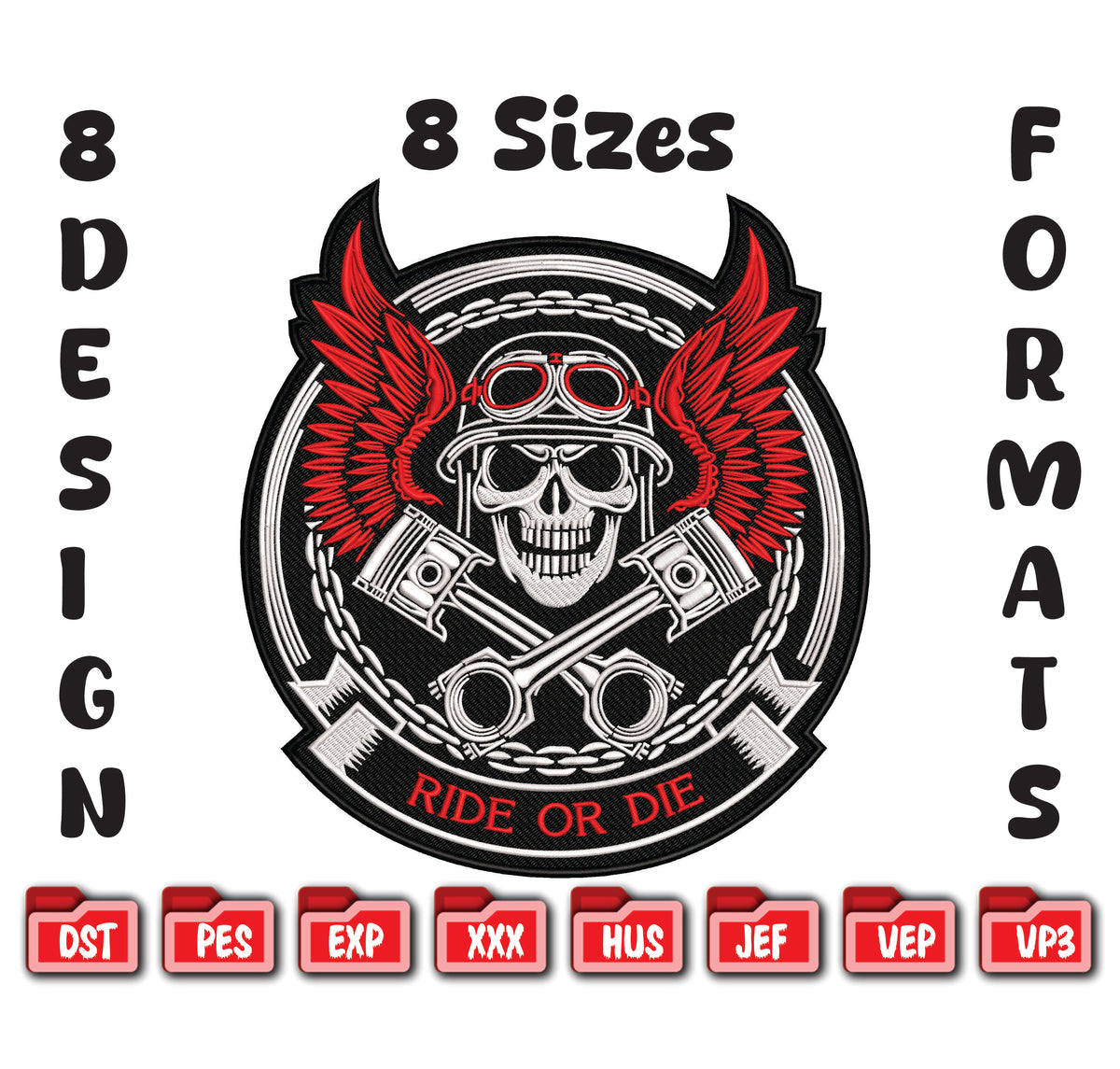 Ride or Die Biker Skull Embroidery Design, Motorcycle Digital File