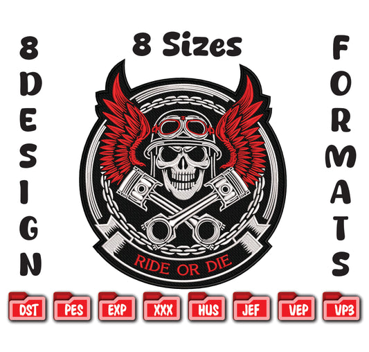 Ride or Die Biker Skull Embroidery Design, Motorcycle Digital File