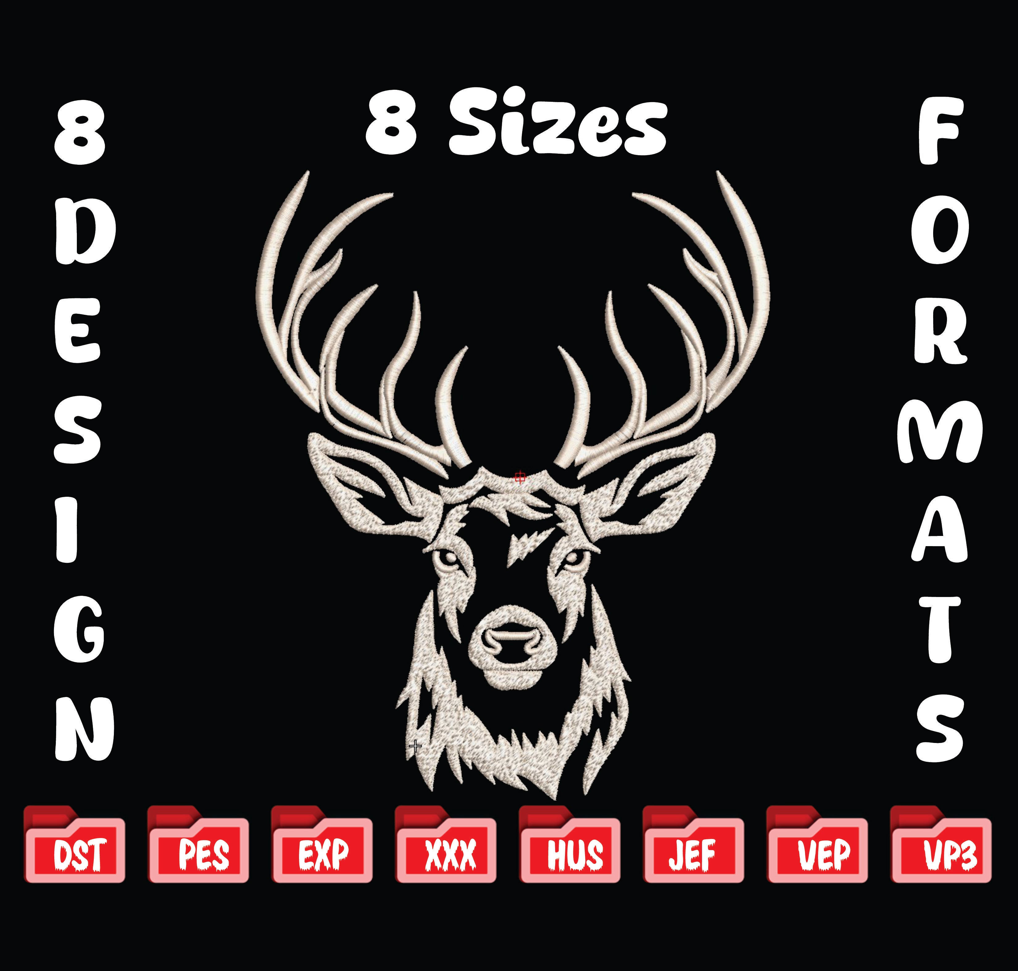 Deer Head Embroidery Design, Buck Antlers Pattern (8 Sizes & Formats), Instant Download