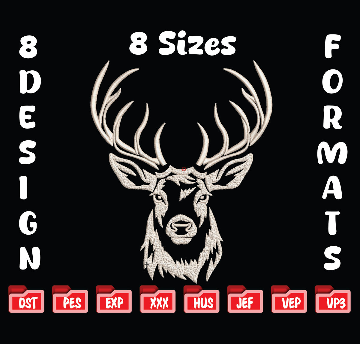 Deer Head Embroidery Design, Buck Antlers Pattern (8 Sizes & Formats), Instant Download