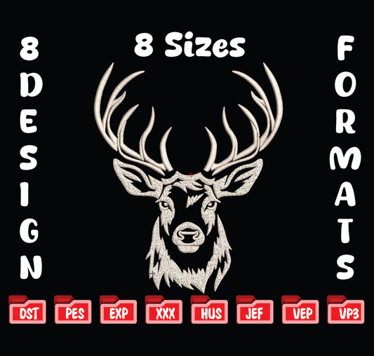 Deer Head Embroidery Design, Buck Antlers Pattern (8 Sizes & Formats), Instant Download