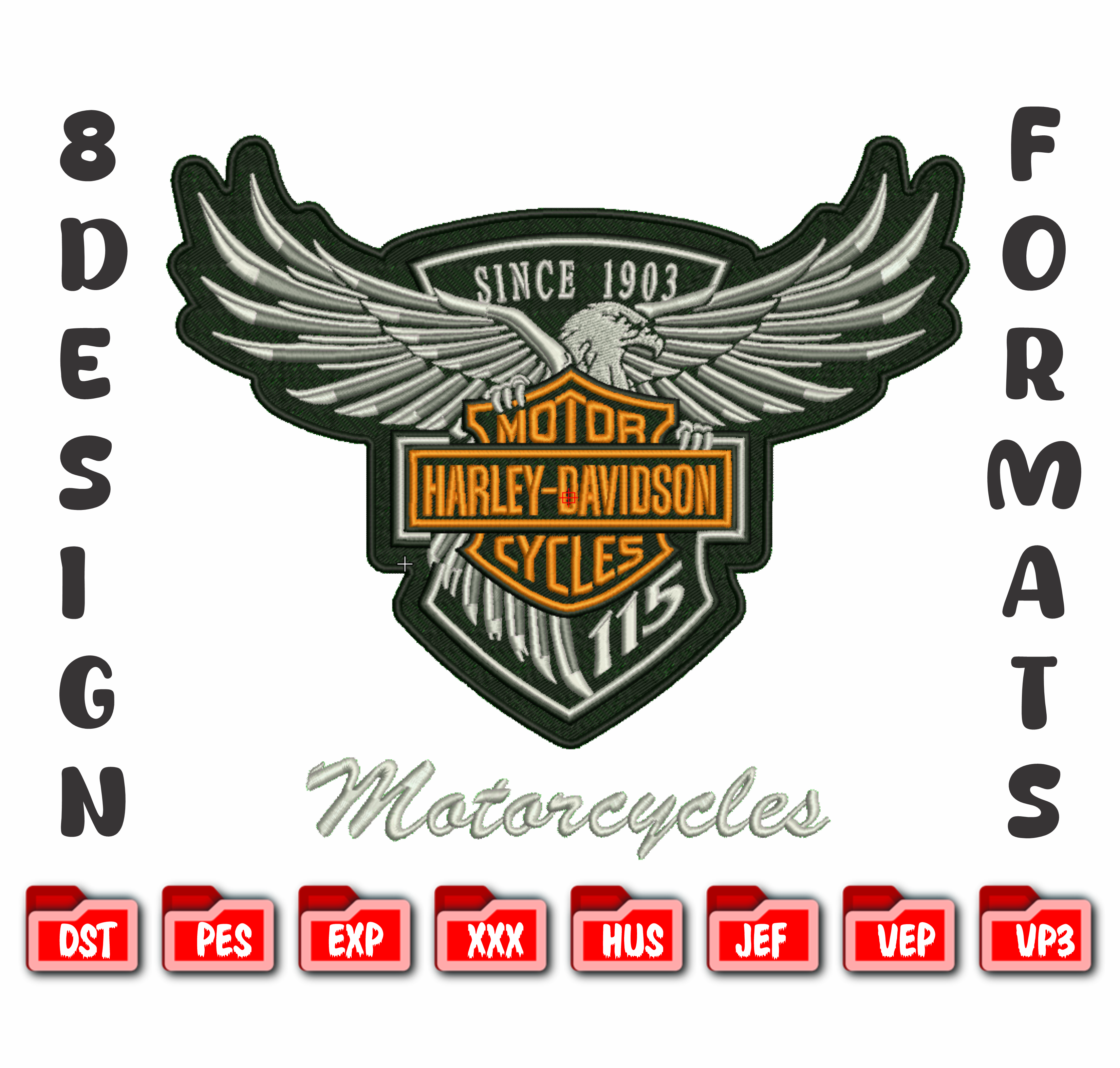 Harley Davidson Eagle 115th Anniversary Machine Embroidery Design, Motorcycle Biker Club Embroidery File, 8 Sizes, 8 Formats