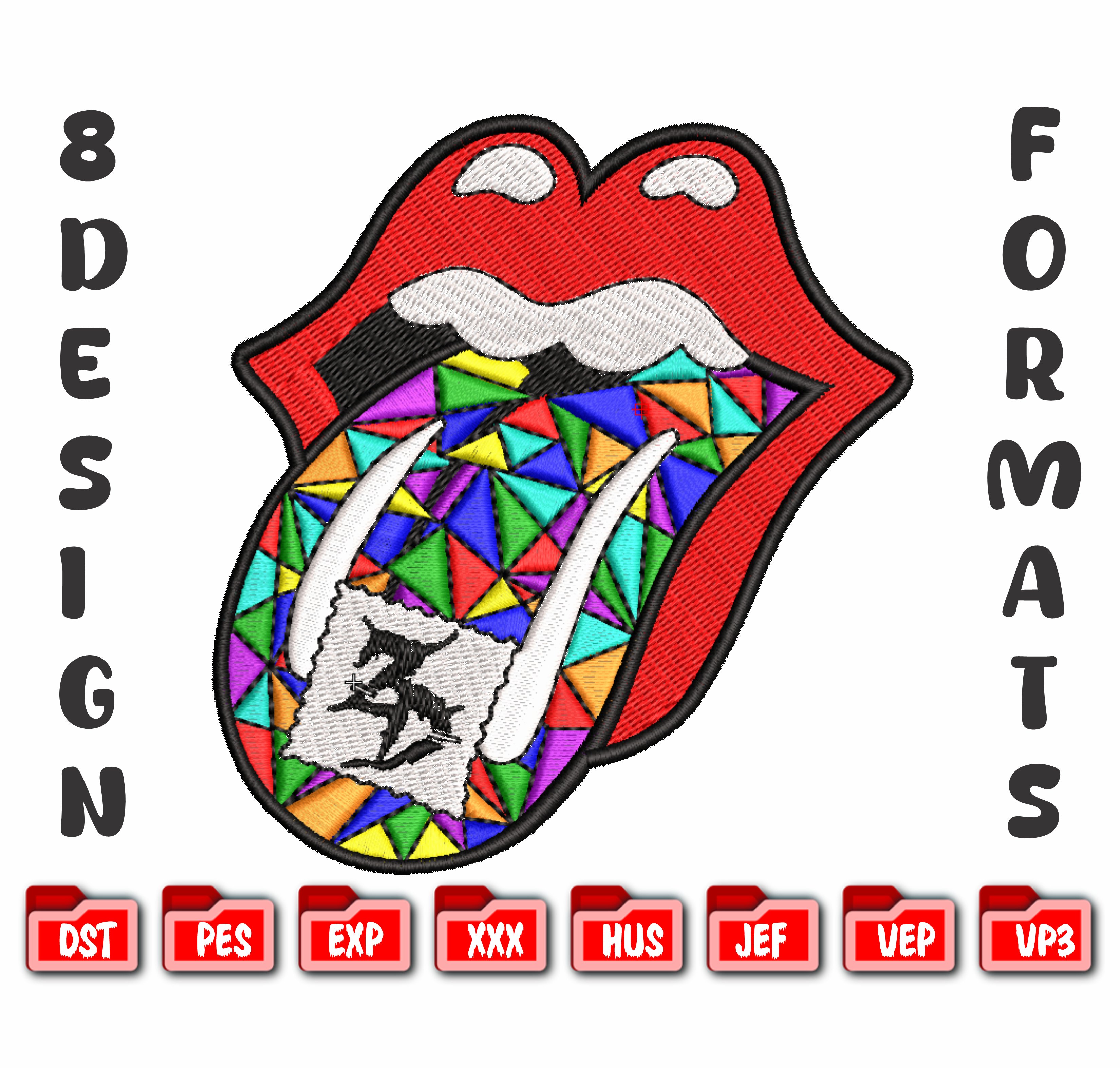 Rock Lips Embroidery Design, Colorful Geometric Tongue Art, 8 Formats Instant Download