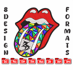 Rock Lips Embroidery Design, Colorful Geometric Tongue Art, 8 Formats Instant Download
