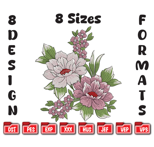 Peony Floral Bouquet Machine Embroidery Design, 8 Sizes (Digital Download)