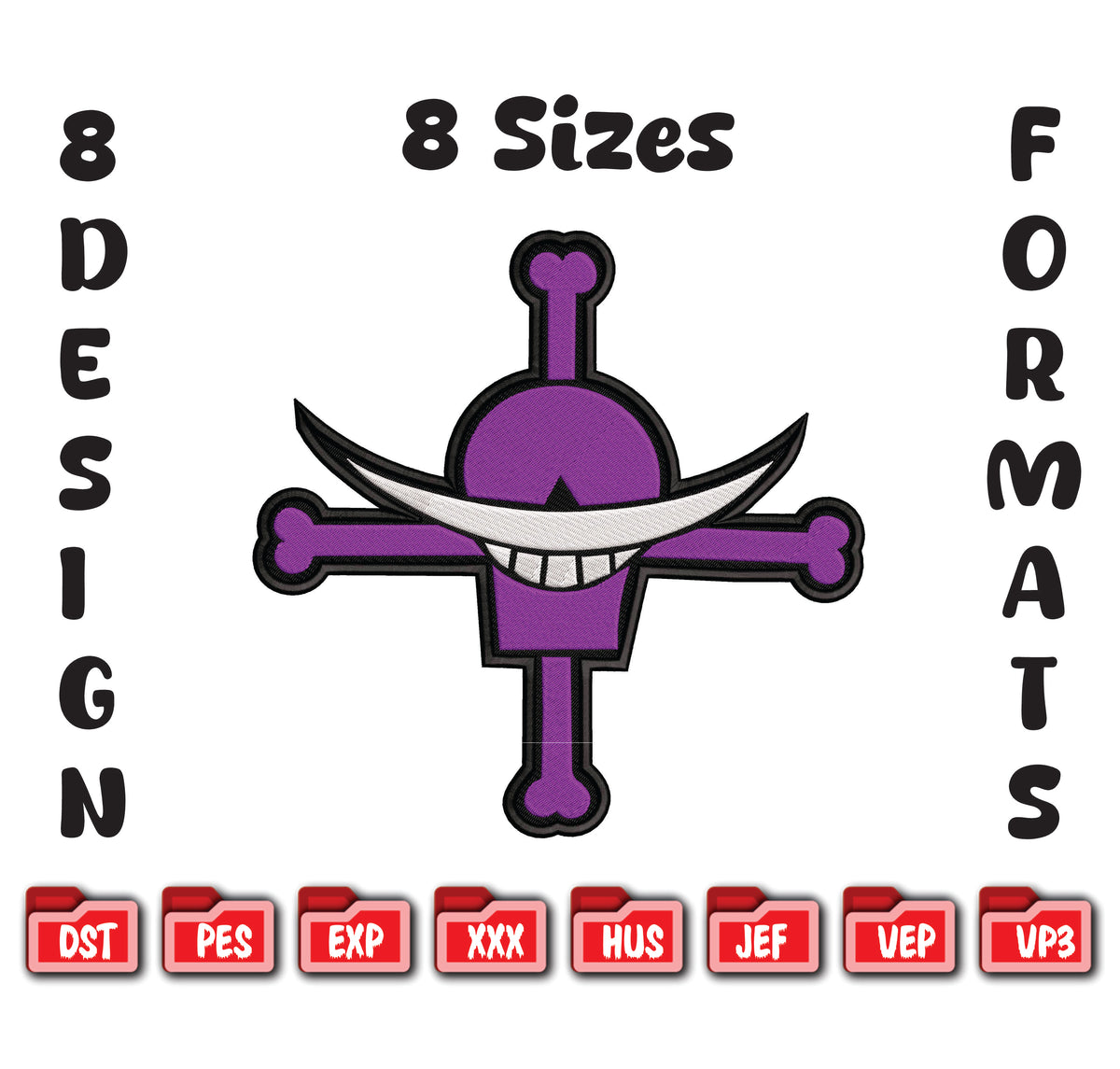 Purple Jolly Roger Embroidery Design - Pirate Skull Machine File - 8 Sizes 8 Formats