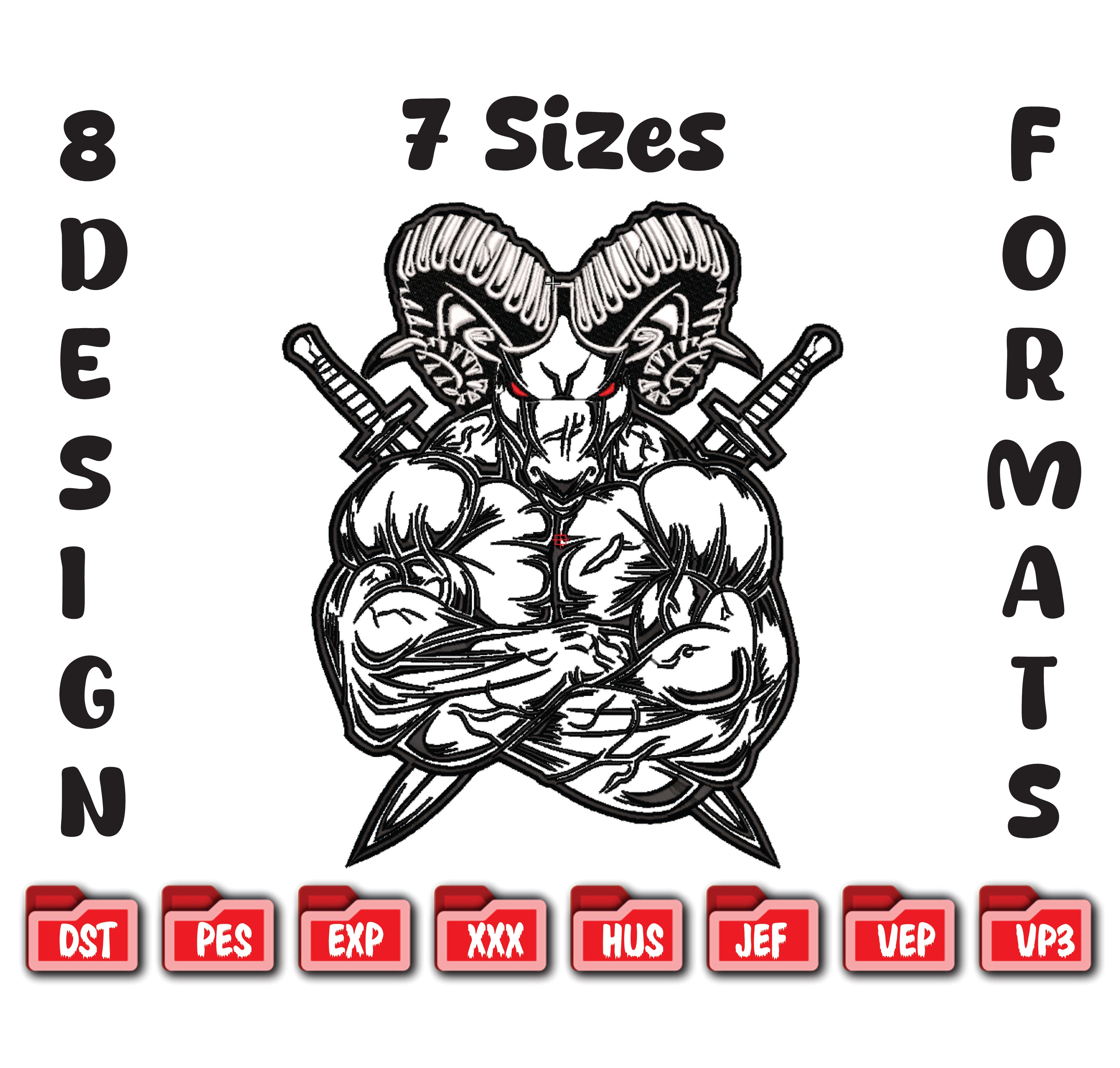 Muscular Ram Samurai Embroidery Design, Warrior Goat Machine Embroidery File