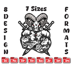 Muscular Ram Samurai Embroidery Design, Warrior Goat Machine Embroidery File