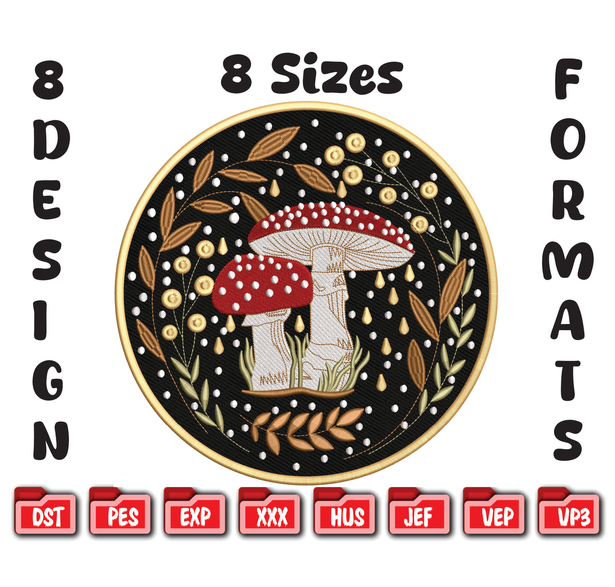 Mushroom Embroidery Design - Forest Fungi Machine File - 8 Sizes 8 Formats