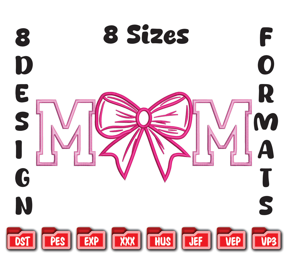 Coquette Bow "Mom" Embroidery Design – Girly Ribbon Machine File for Sweatshirts