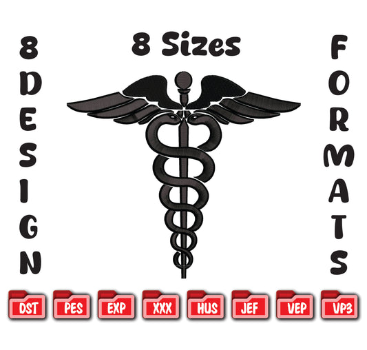 Caduceus Embroidery Design, Medical Symbol Digital File, Doctor Nurse Logo