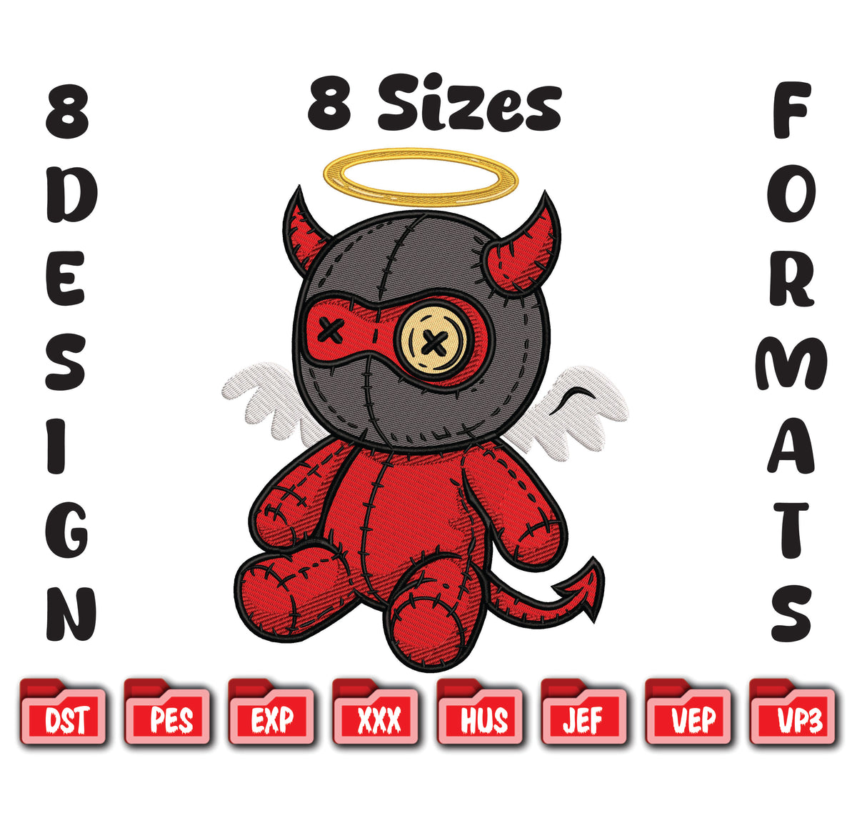 Voodoo Doll Devil Angel Machine Embroidery Design - 8 Sizes & Multiple Formats