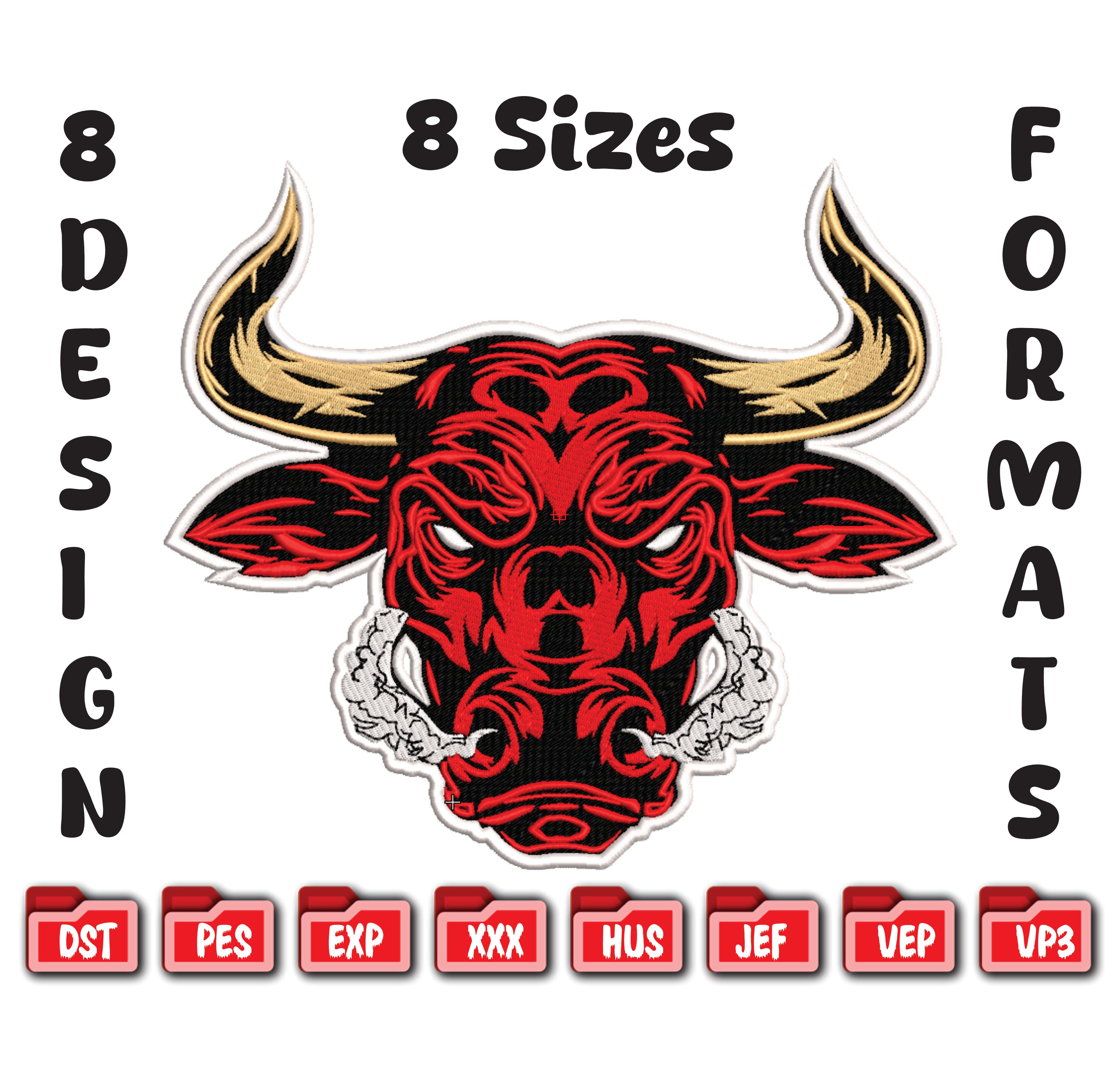 Red Bull Head Embroidery Design, Charging Bull Mascot Digital File
