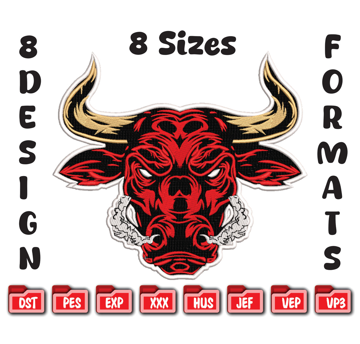 Red Bull Head Embroidery Design, Charging Bull Mascot Digital File